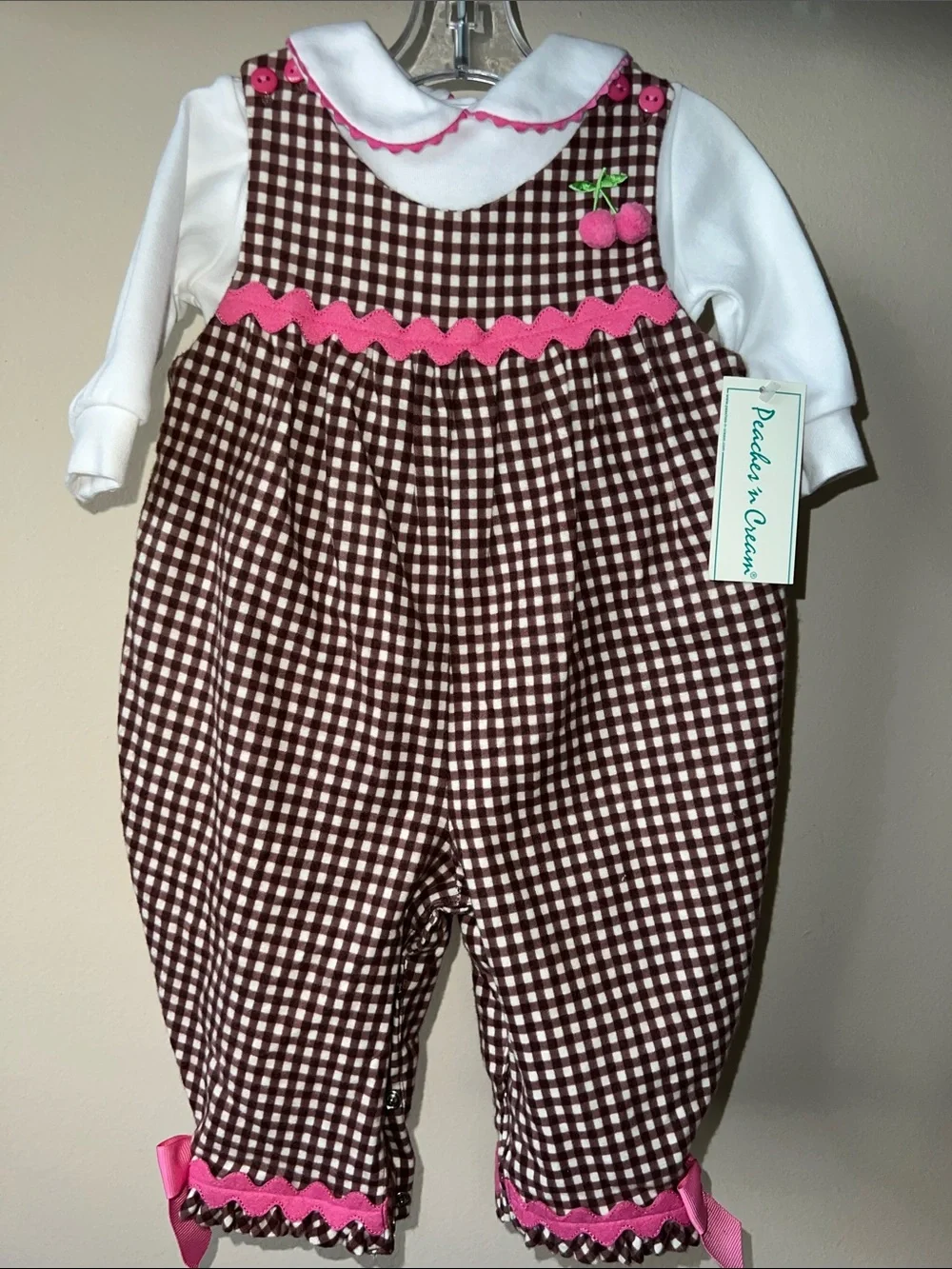 Vintage Peaches n Cream 2 Piece Cherry Romper with White snap Shirt 3-6M
